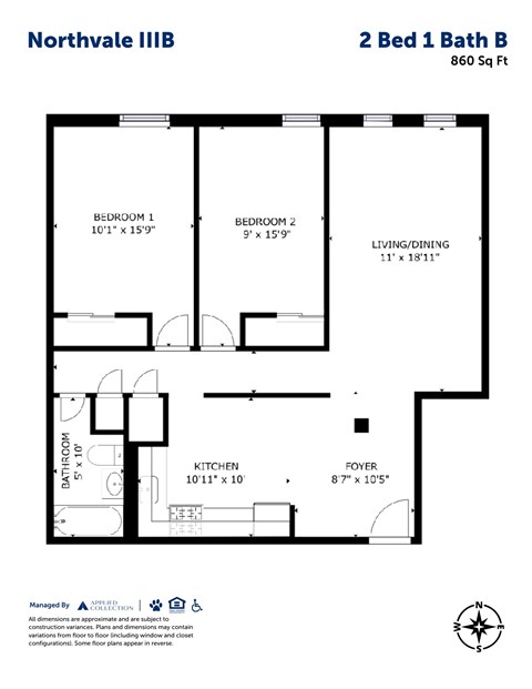 Floor plan for 2 beds, 1 bath, 860 sqft